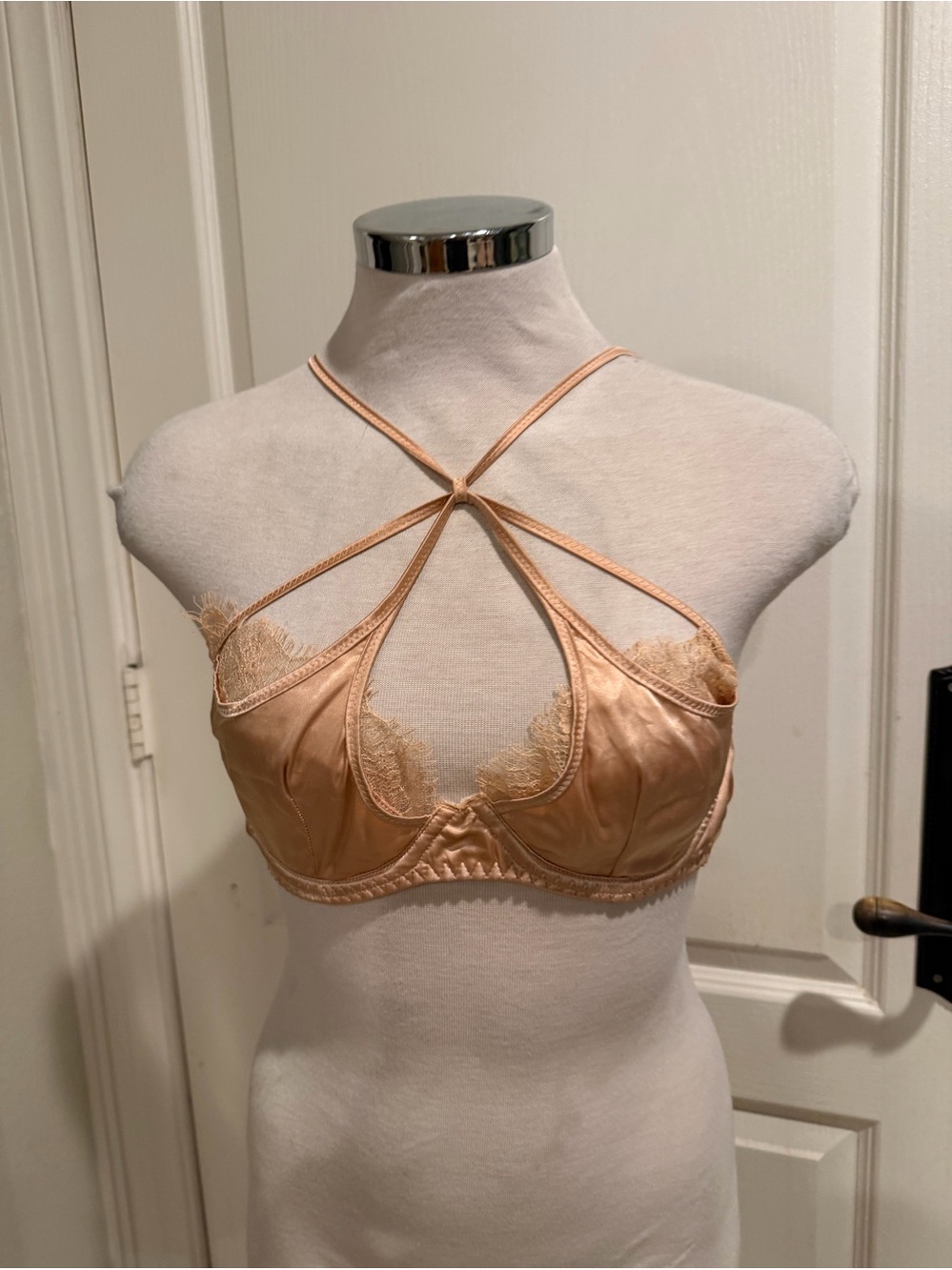 Satin Lace Strappy Bralette in Nude